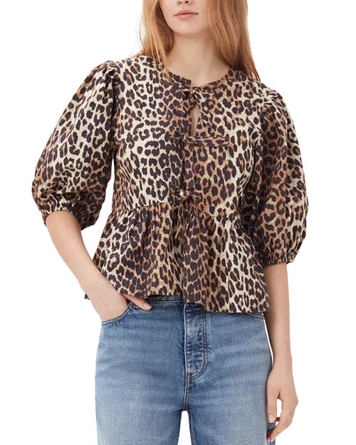 Baumwoll-Popeline-Bluse mit Leopardenmuster, Schößchen und Bindeband