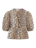 Baumwoll-Popeline-Bluse mit Leopardenmuster, Schößchen und Bindeband