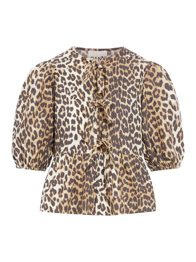 Baumwoll-Popeline-Bluse mit Leopardenmuster, Schößchen und Bindeband