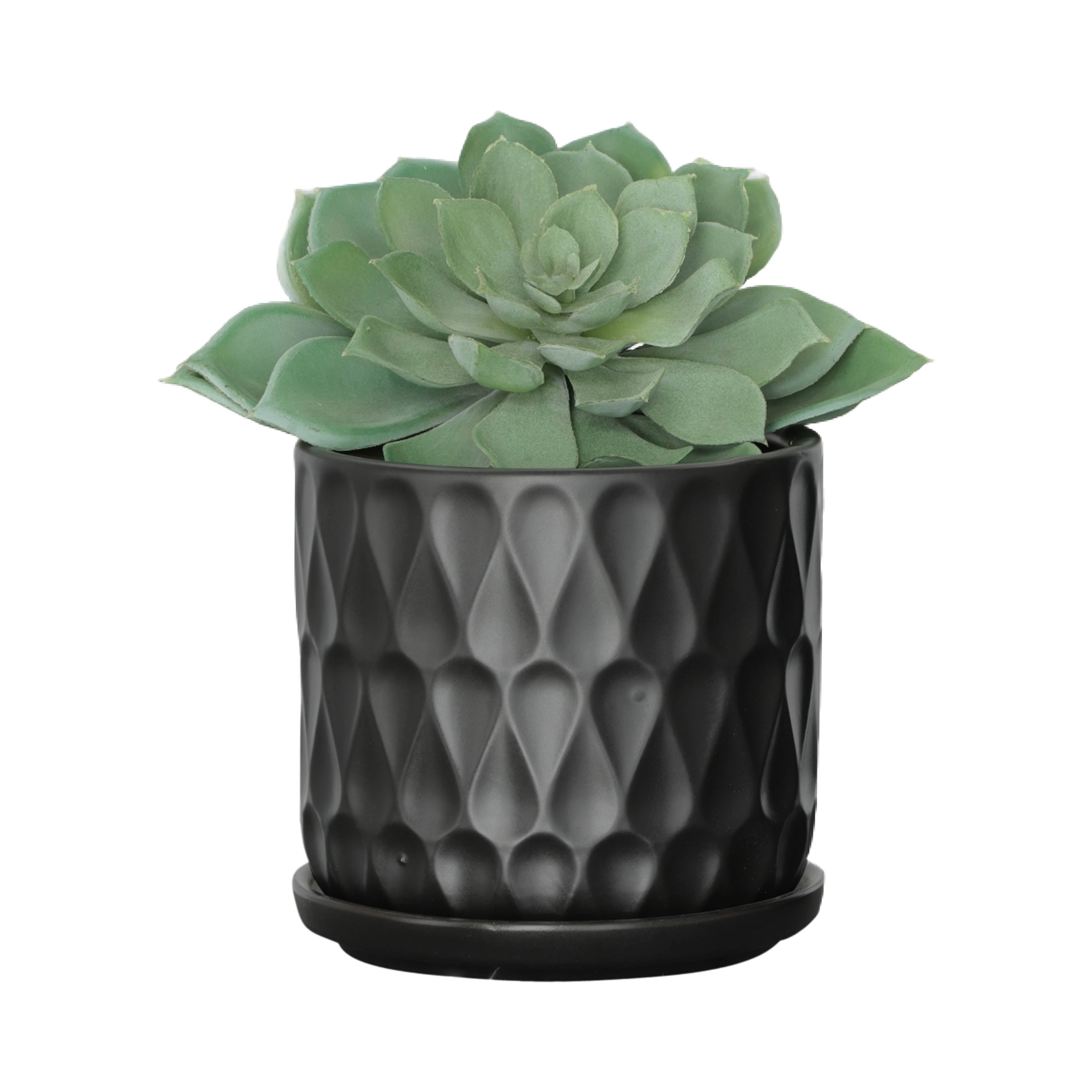 Teardrop Matte Black Planters W / Saucer 6x6