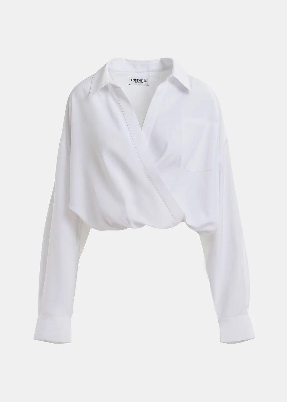 Weiße Baumwoll-Wrap-Effekt-Bluse