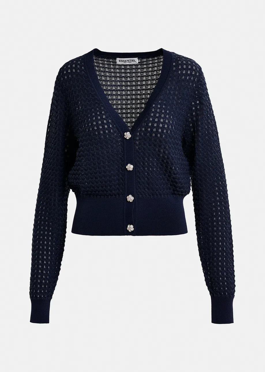 Dunkelblauer V-Neck-Strickjacke mit Strassstein-verzierten Knöpfen