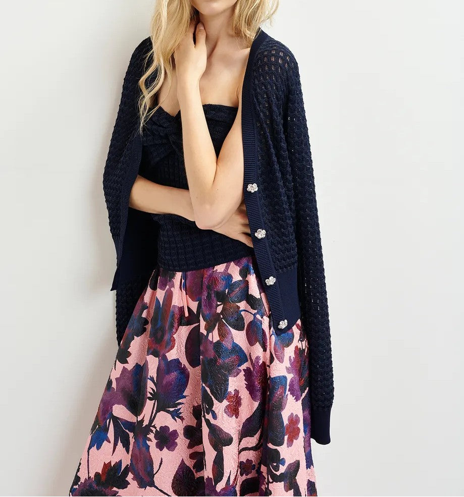 Dunkelblauer V-Neck-Strickjacke mit Strassstein-verzierten Knöpfen