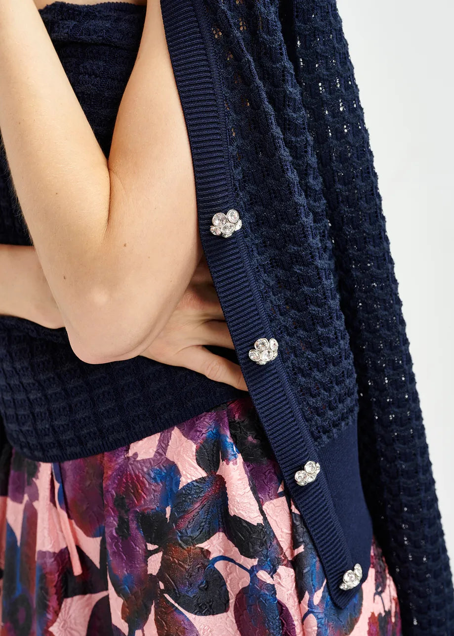 Dunkelblauer V-Neck-Strickjacke mit Strassstein-verzierten Knöpfen