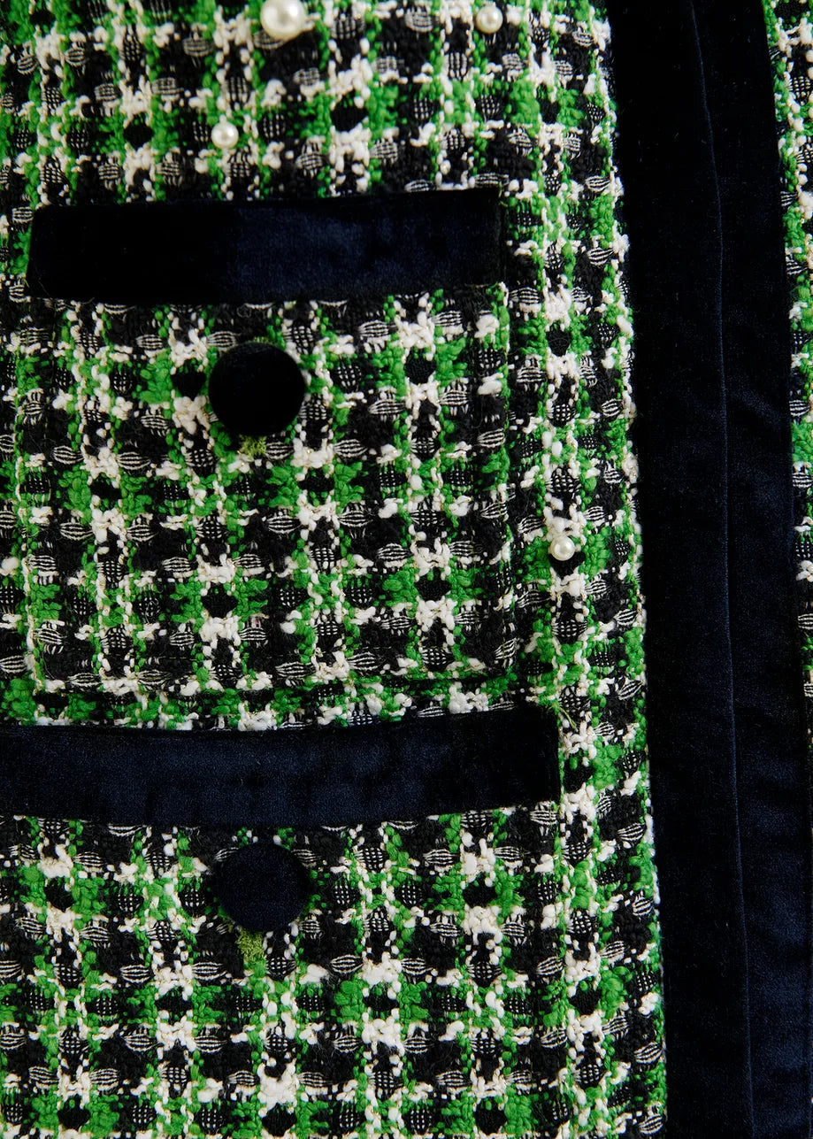 Grüne, schwarze und weiße Tweedjacke mit Perlverzierungen