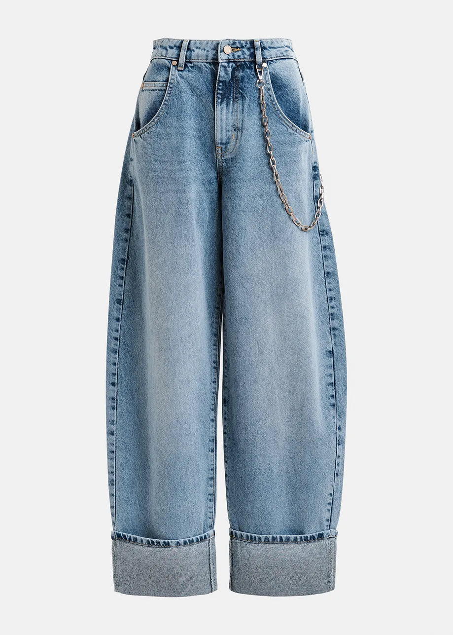 Blaue Ballon Jeans mit gefalteten Manschetten und abnehmbarer Kette