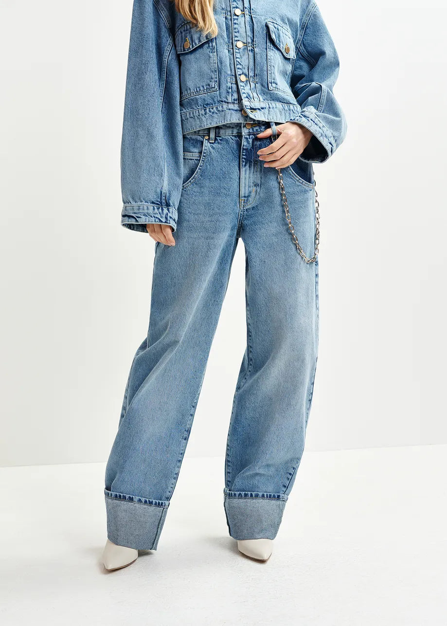 Blaue Ballon Jeans mit gefalteten Manschetten und abnehmbarer Kette