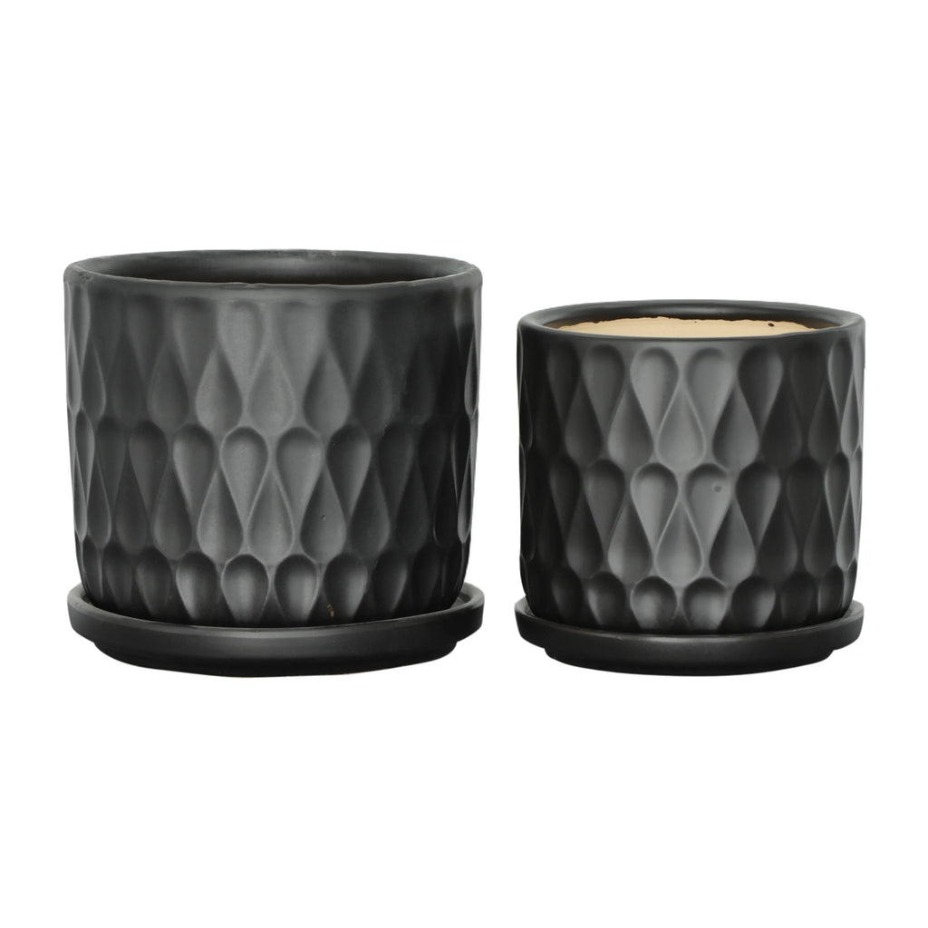 Teardrop Matte Black Planters W / Saucer 6x6