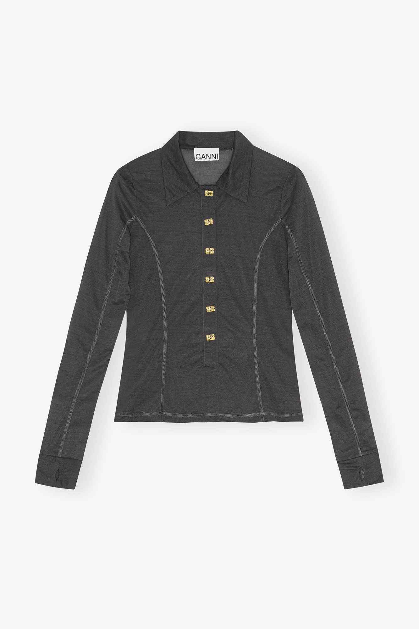 Black Sheer Mesh Jersey Buttoned Top