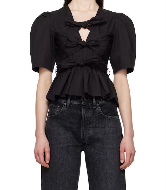Black Stretch Cotetch Tie Strap Blouse